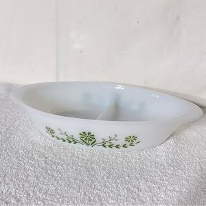 Vintage Glasbake Milk Glass Green Daisy Flower Split Oval Casserole Dish